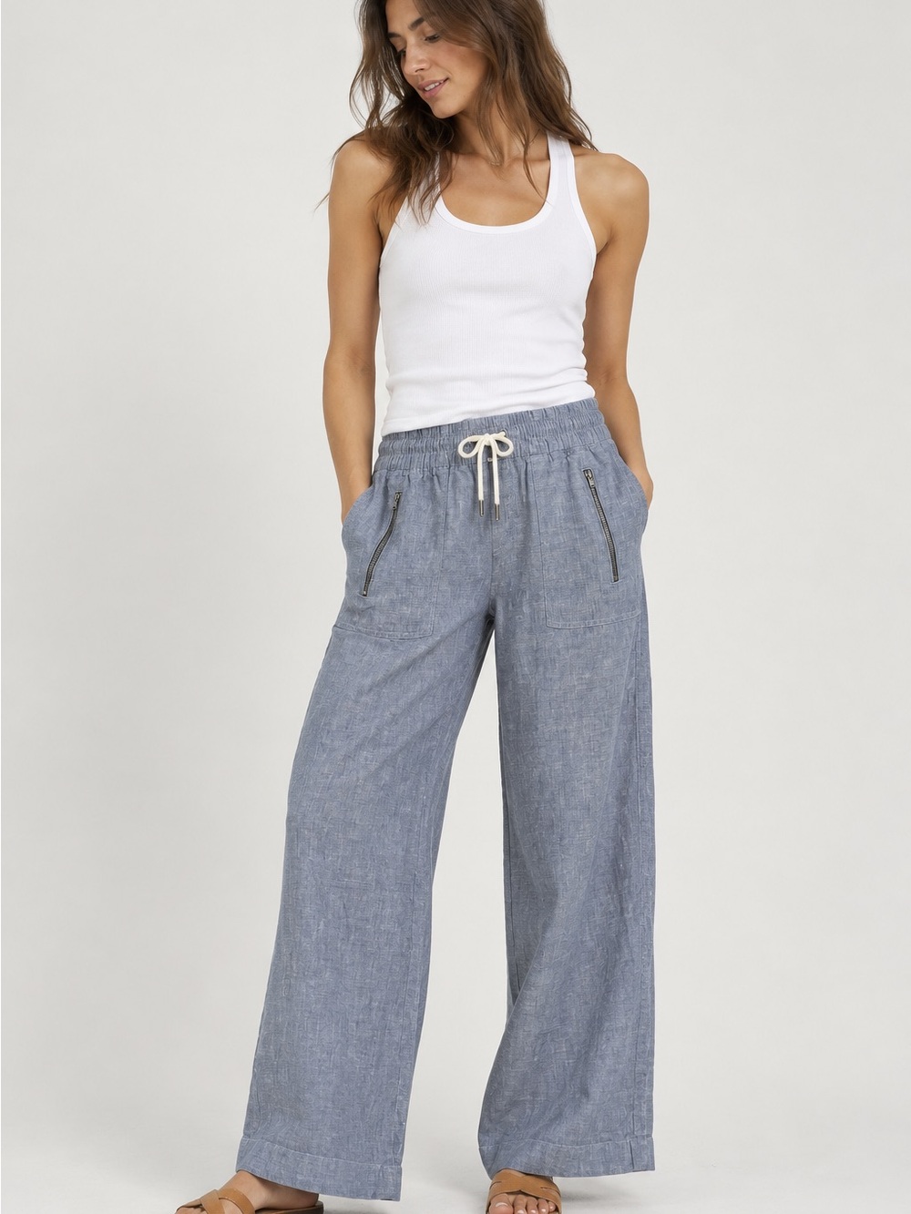 Athleta Cabo Linen Wide Leg Pants Coastal Blue Size 6